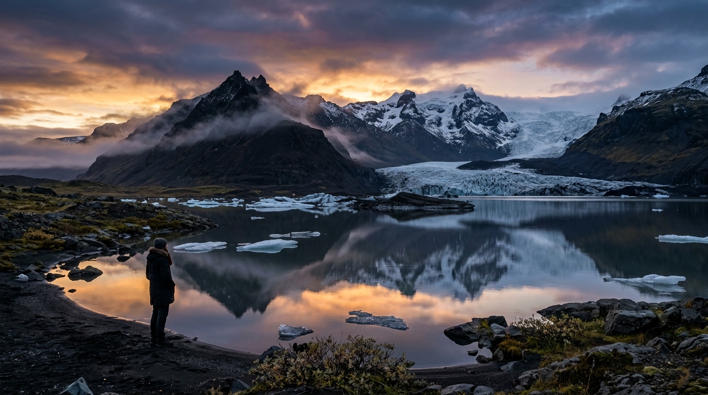Glacial Lagoon reflection under golden hour twilight