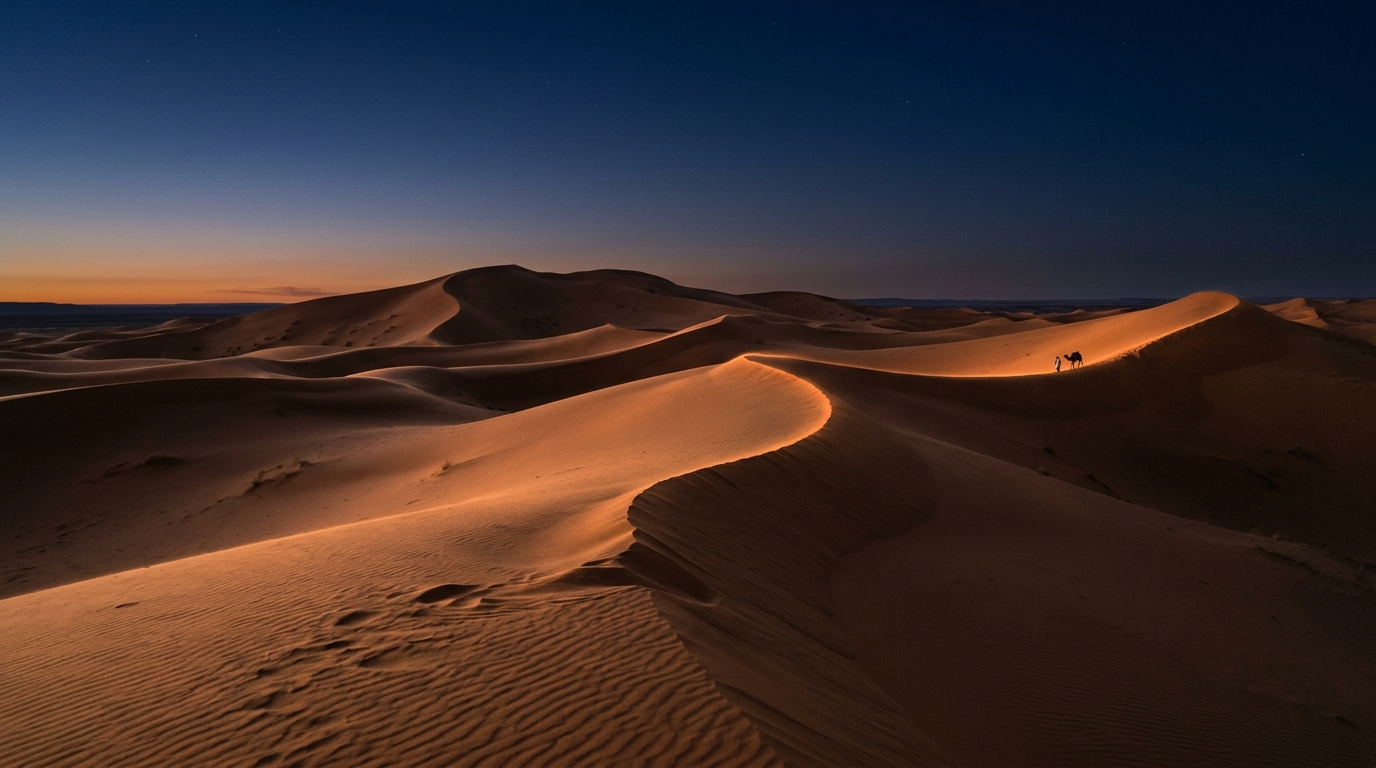 Sahara sand dunes under deep dusk sky