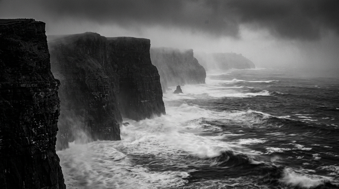Ocean cliffs with crashing storm waves in black and white