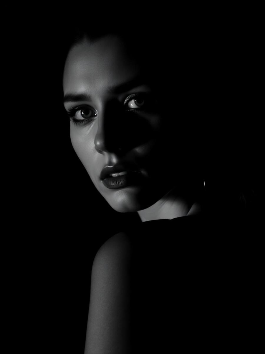 Low-key black and white portrait of a woman