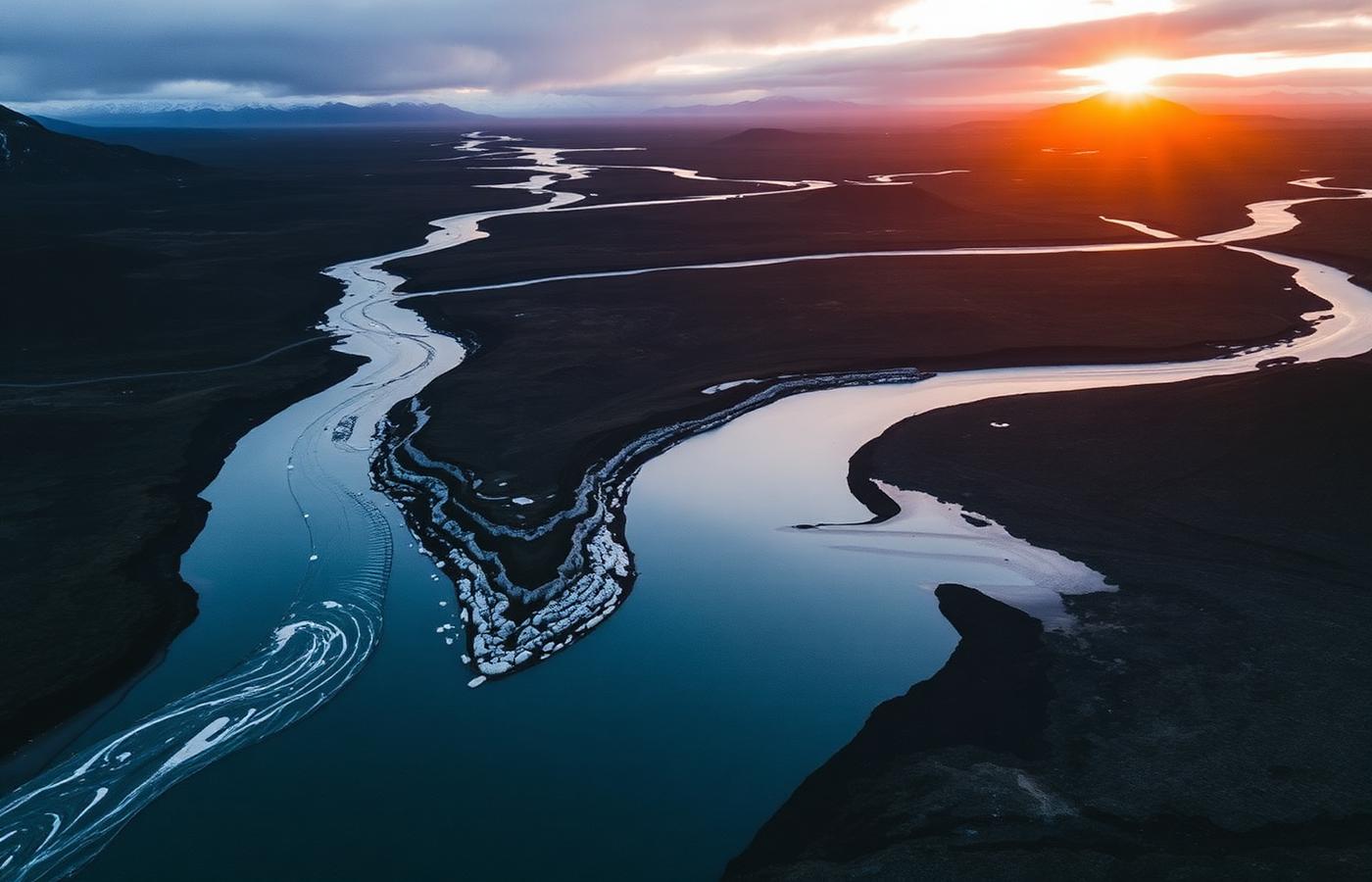 Aerial view of a glacier river delta at sunset