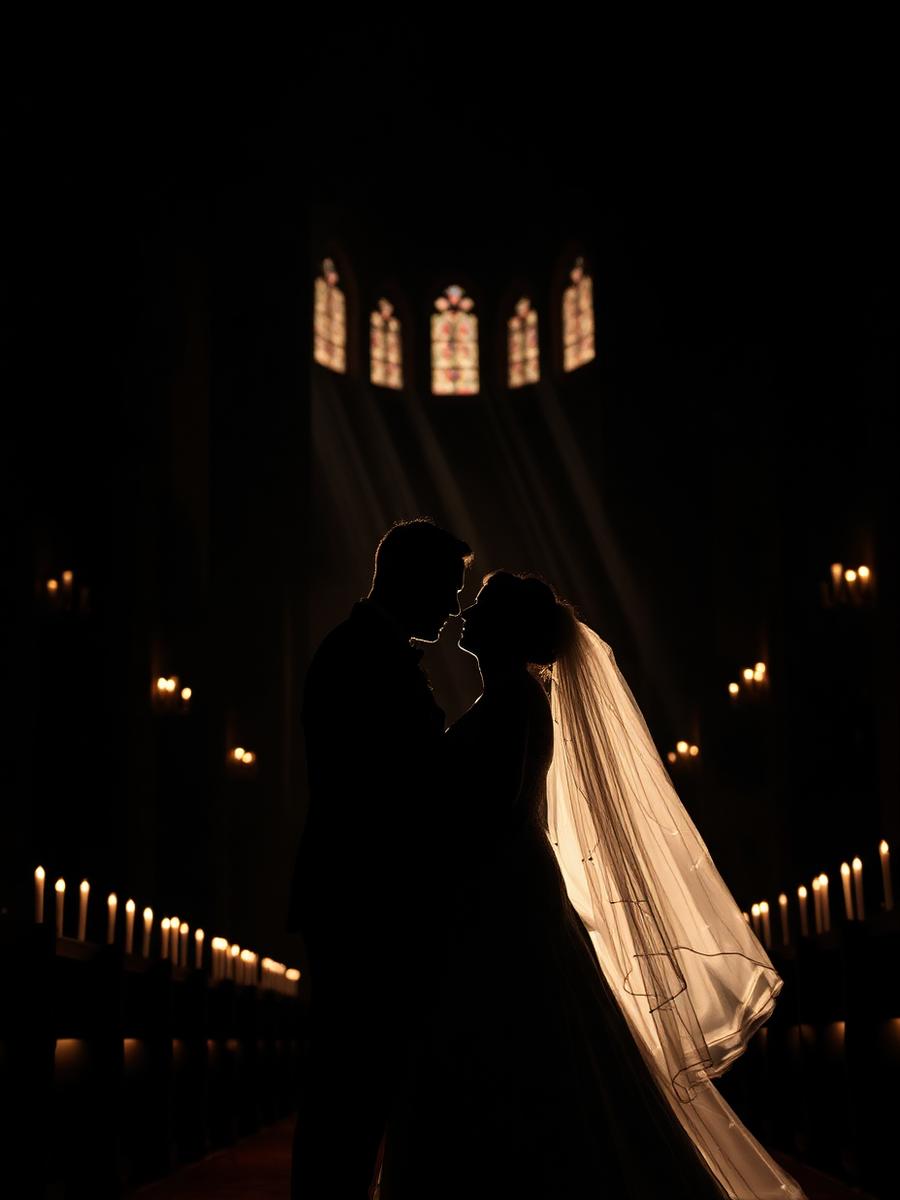 Silhouette of a wedding couple in a candlelit cathedral