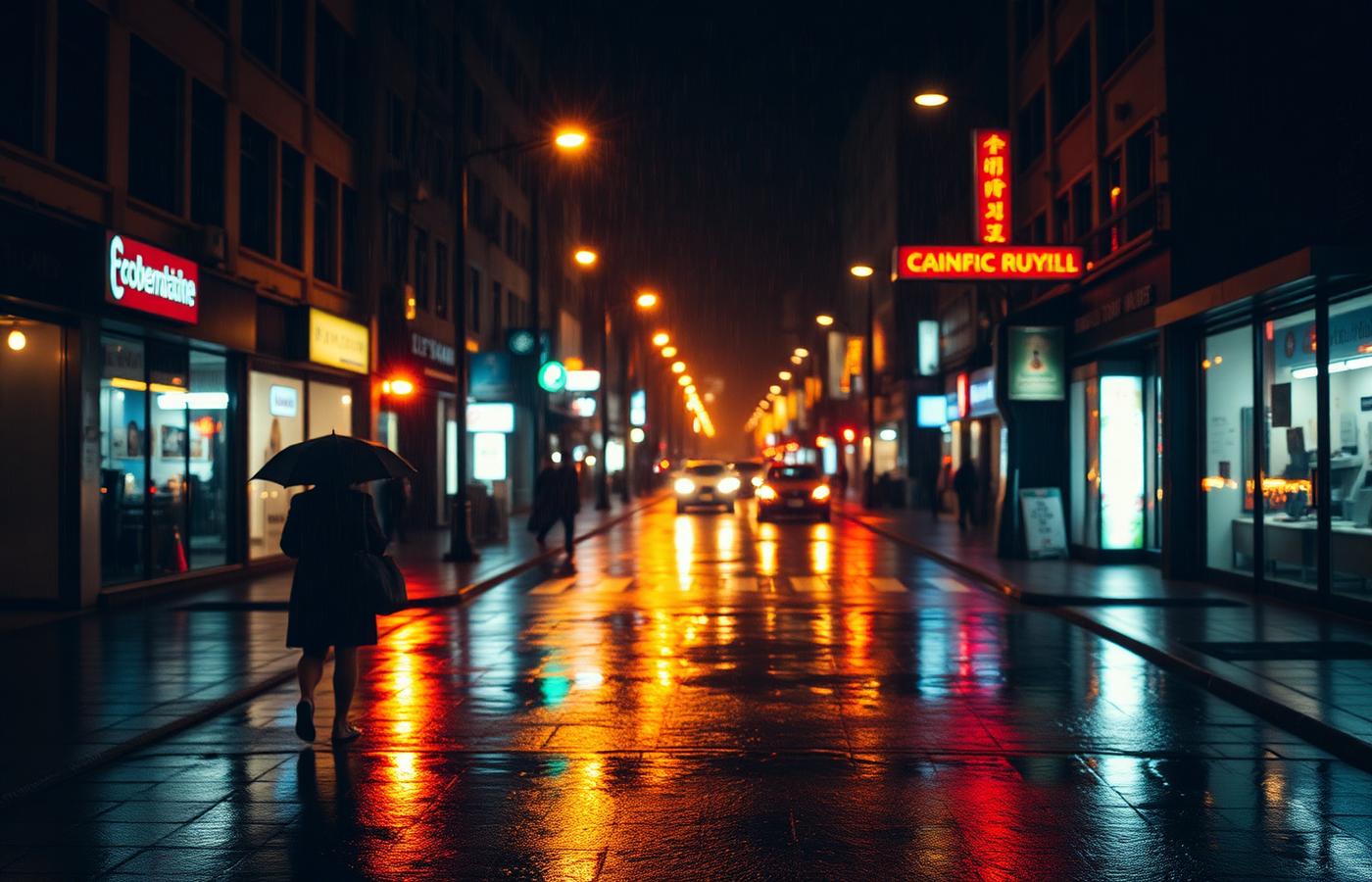 Rain-soaked neon city street at night