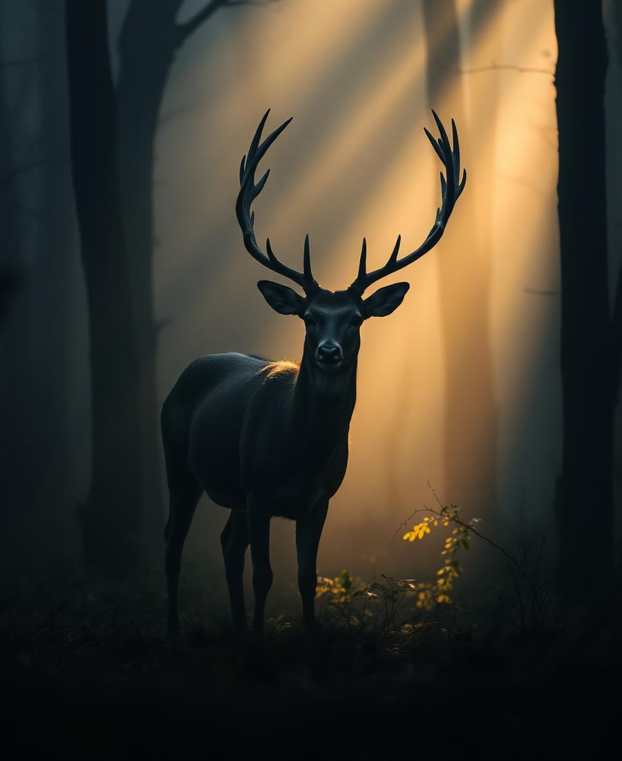 Stag in a misty forest lit by warm light shafts