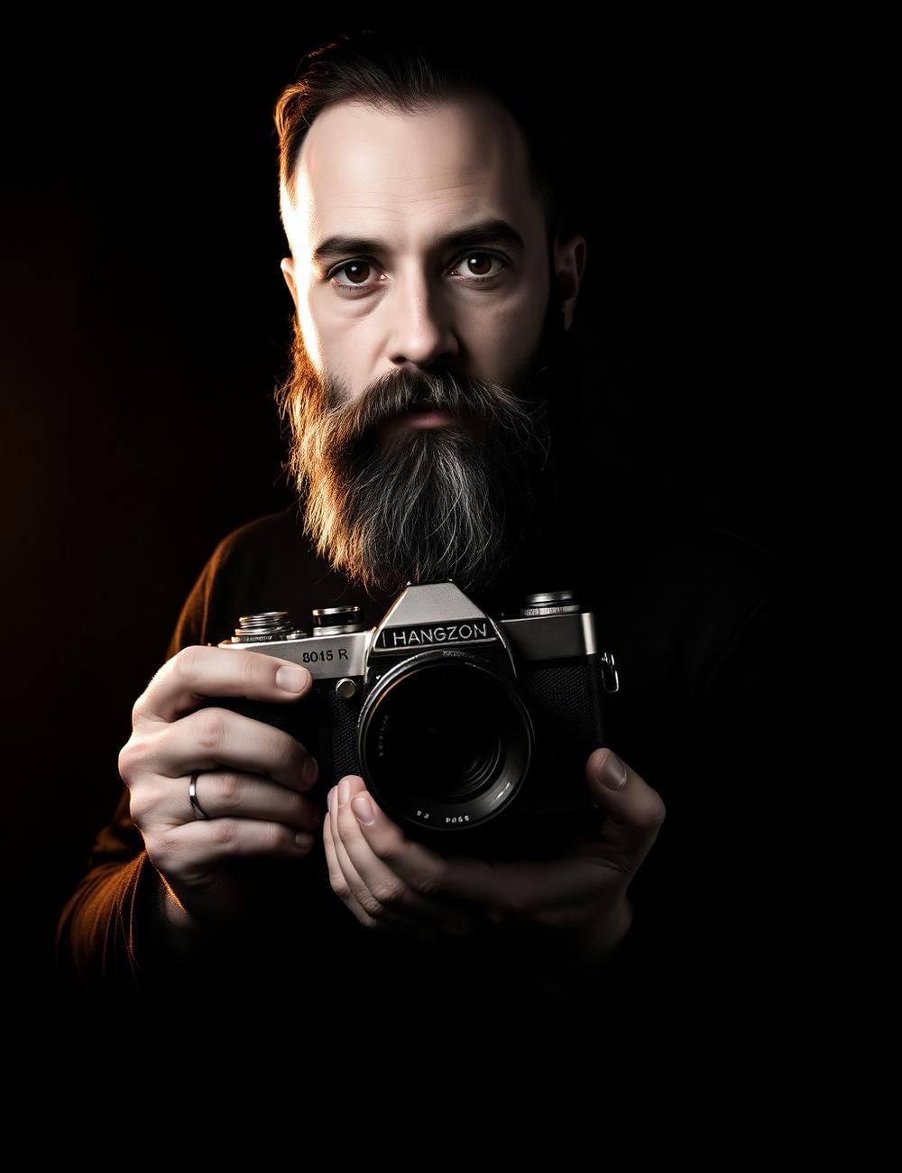 Portrait of the photographer holding a vintage film camera